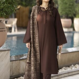 Chocolate Brown Dhanak Dress with Multani Winter Shawl by Gul Warun GS