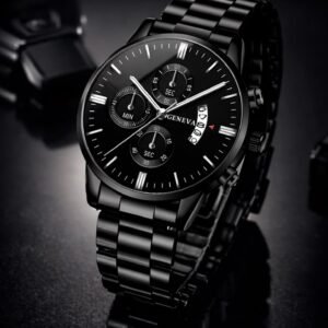 Luxury Black Men’s Watch – Elegant Stainless Steel Geneva Style ⌚